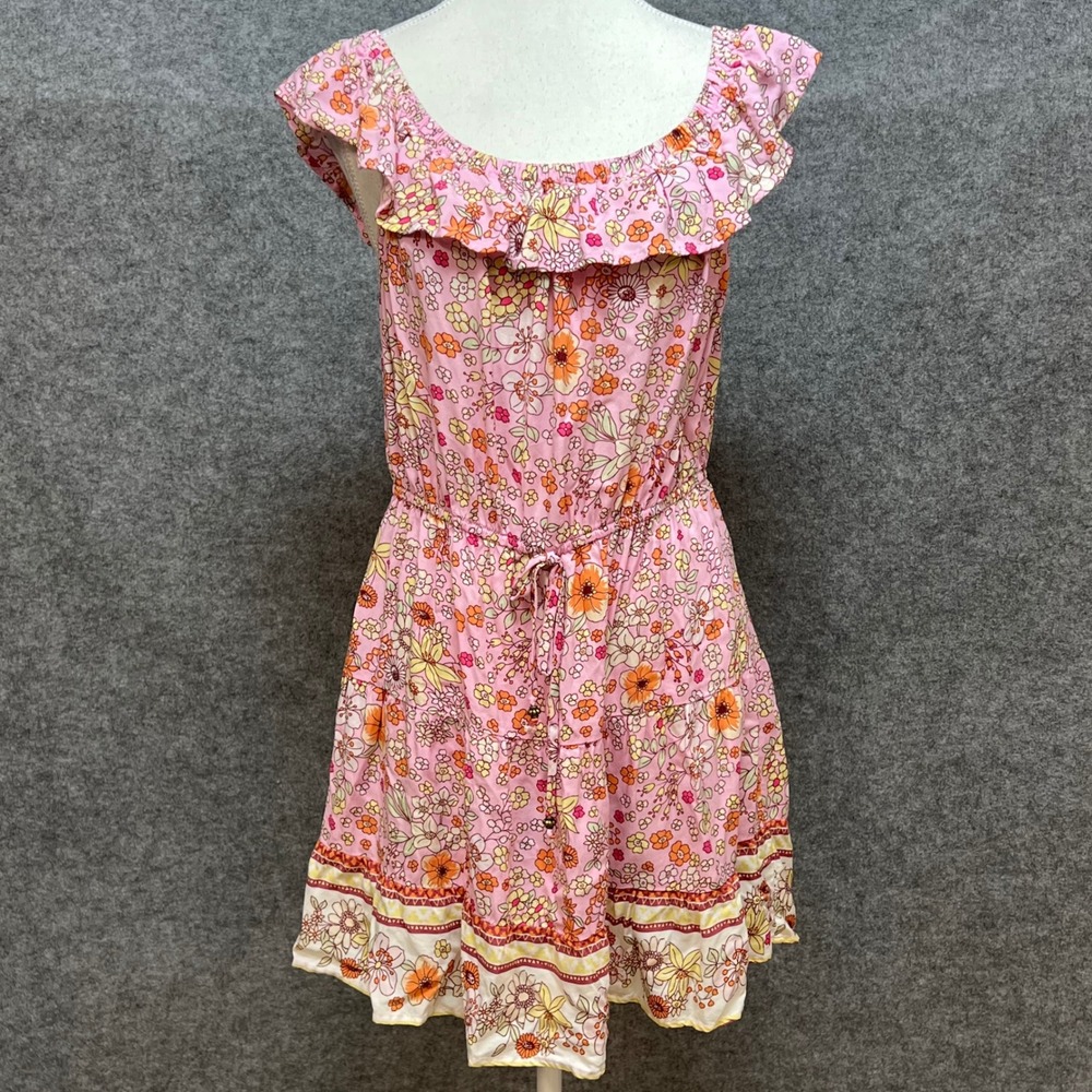 Bebop Pink Floral Ruffle Off Shoulder Mini Dress Boho Beach Summer Festival‎ LG